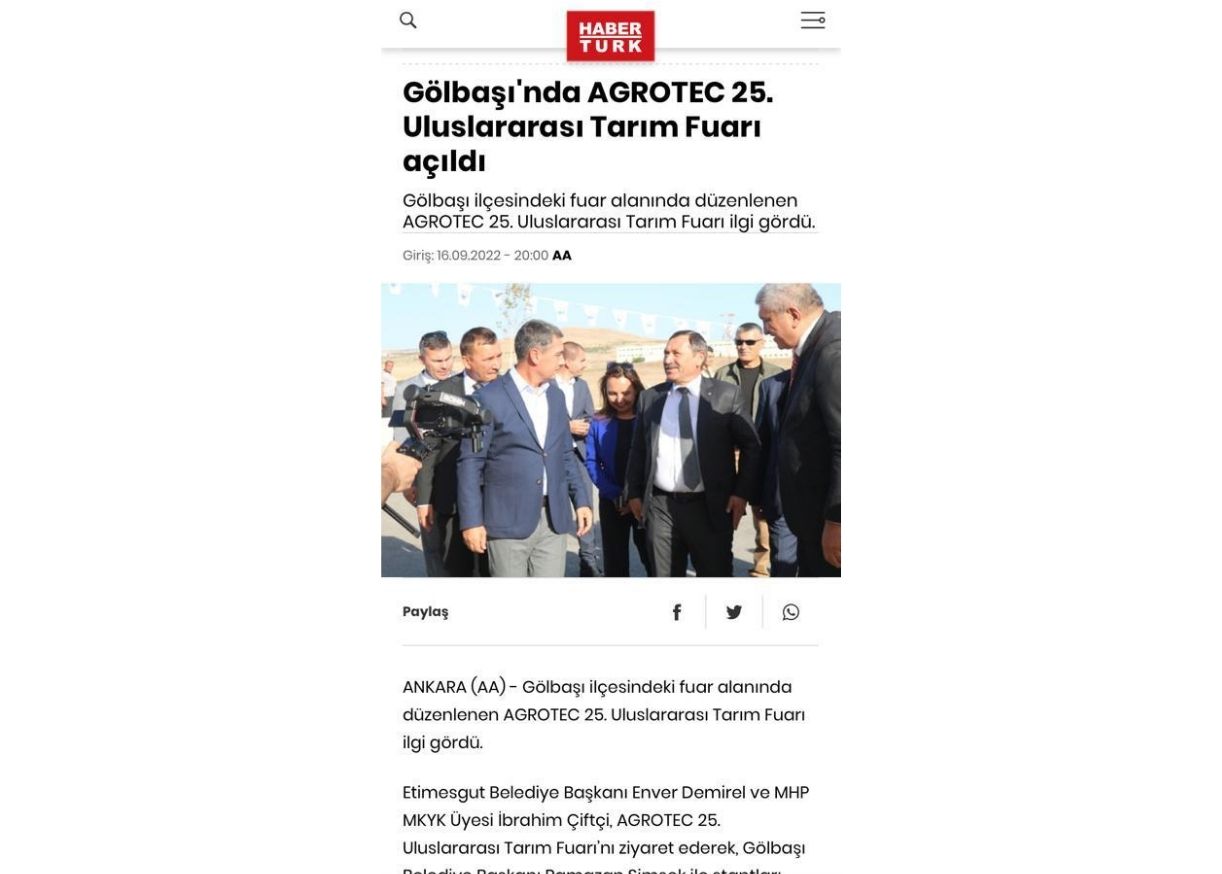 Gölbaşı'nda AGROTEC 25.
Uluslararası Tarım Fuarı
açıldı
